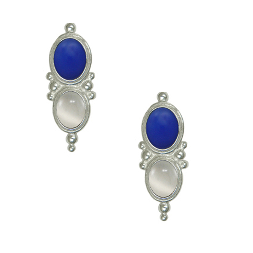 Sterling Silver Drop Dangle Earrings With Blue Onyx And White Moonstone